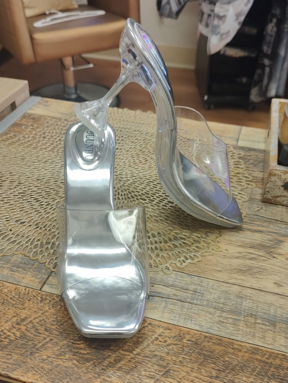 Clear Lucite Slide Heels in Silver